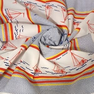 Vintage 70s Eileen Wood Scarf Nautical Sail Boat Red White Blue Polla Dot Stripe